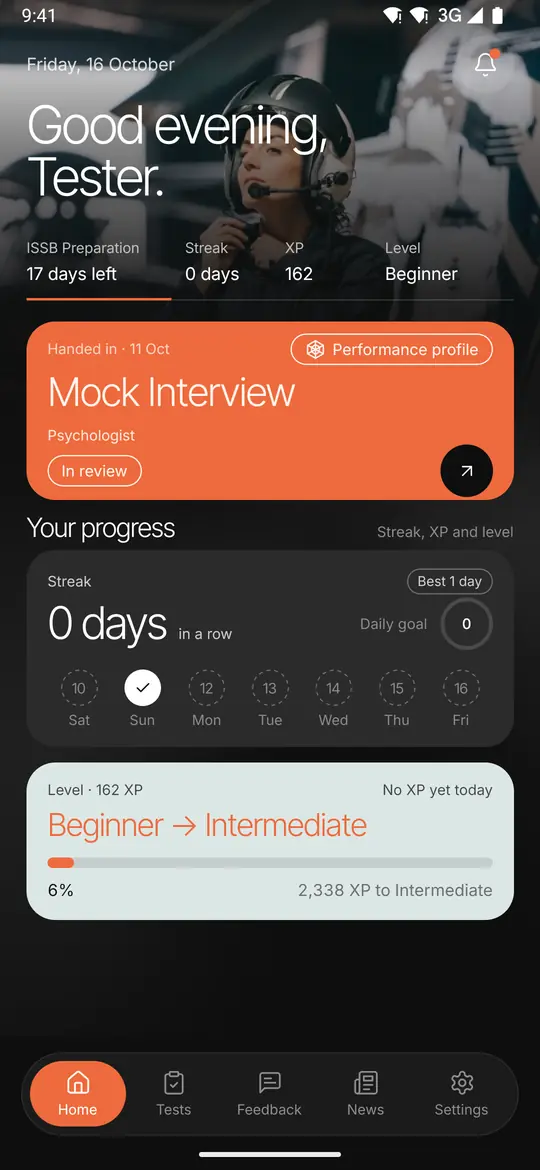Prepare ISSB app: the home screen with streak and level