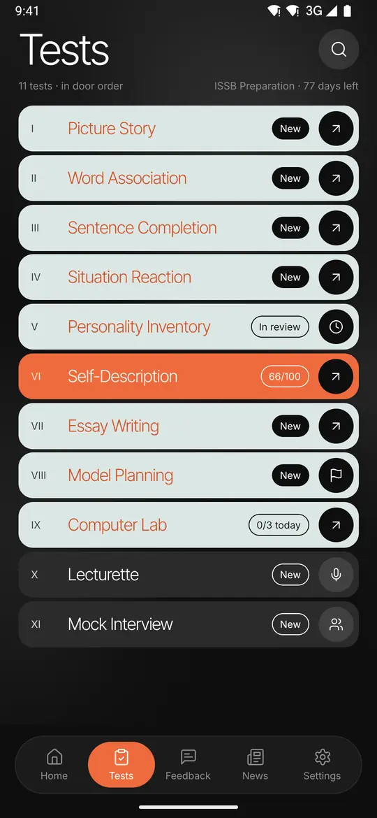 Prepare ISSB app: the Tests list