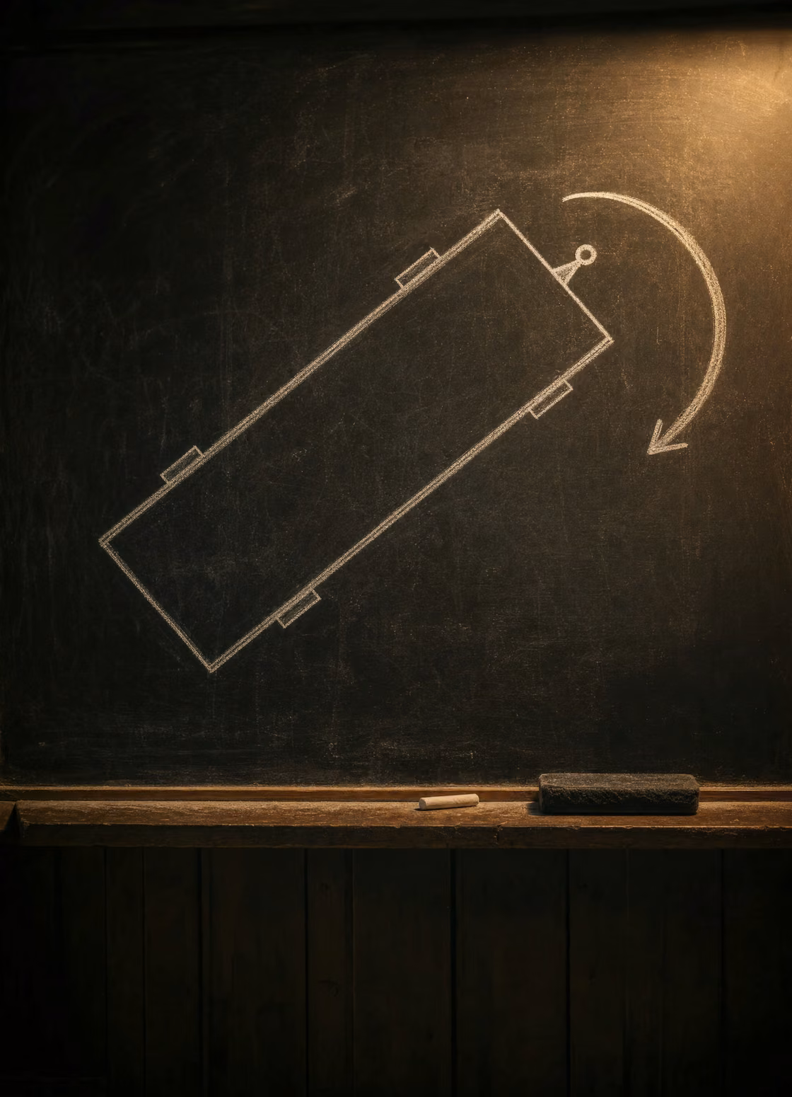 A chalk plan-view drawing of a truck trailer on a classroom blackboard, with a curved arrow showing which way it swings as it is reversed.