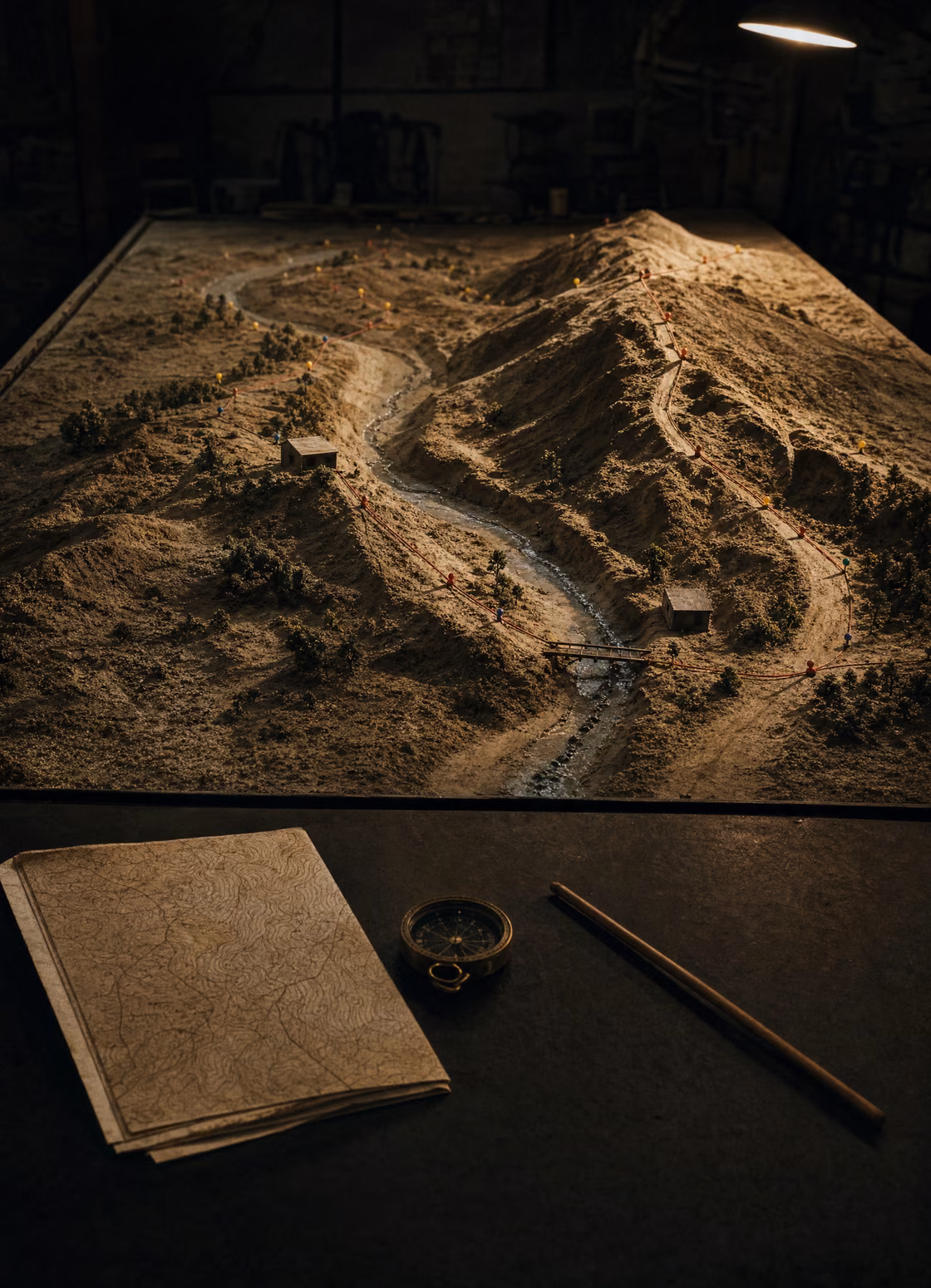 Scale terrain model of a river valley on a briefing-room table, lit by a single overhead lamp, with a contour map and compass laid beside it.