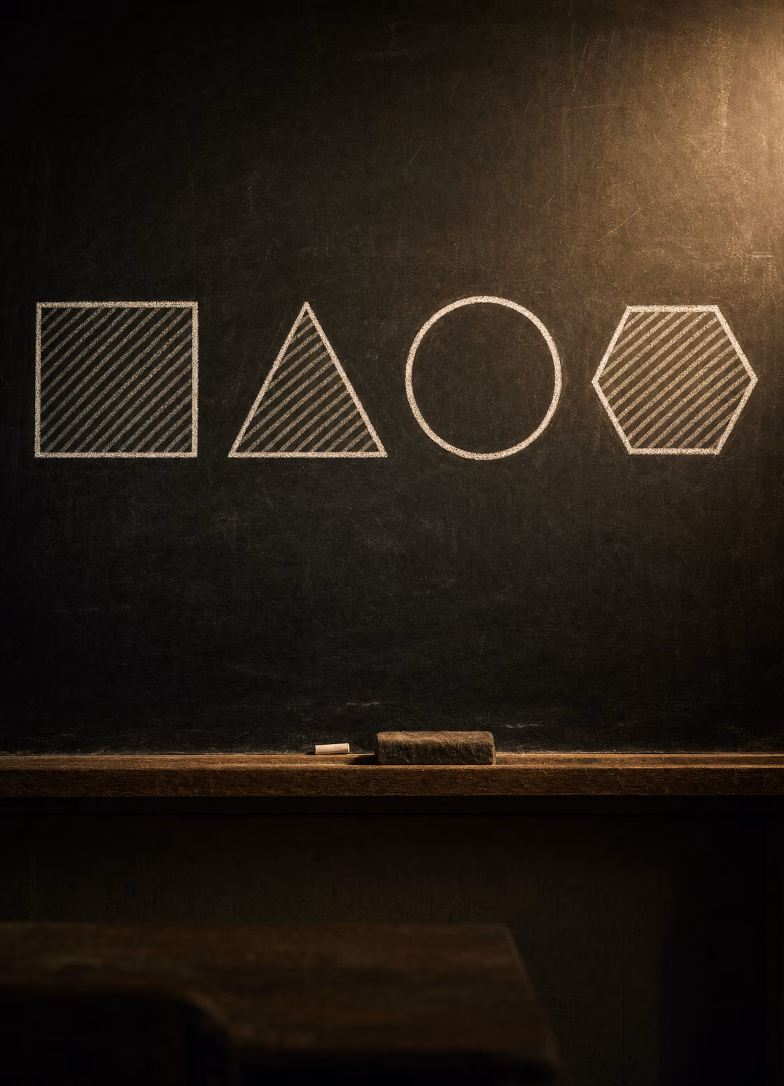 A row of four large chalk shapes on a classroom blackboard — a square, a triangle, a circle and a hexagon — all hatched except the circle, which is the odd one out.