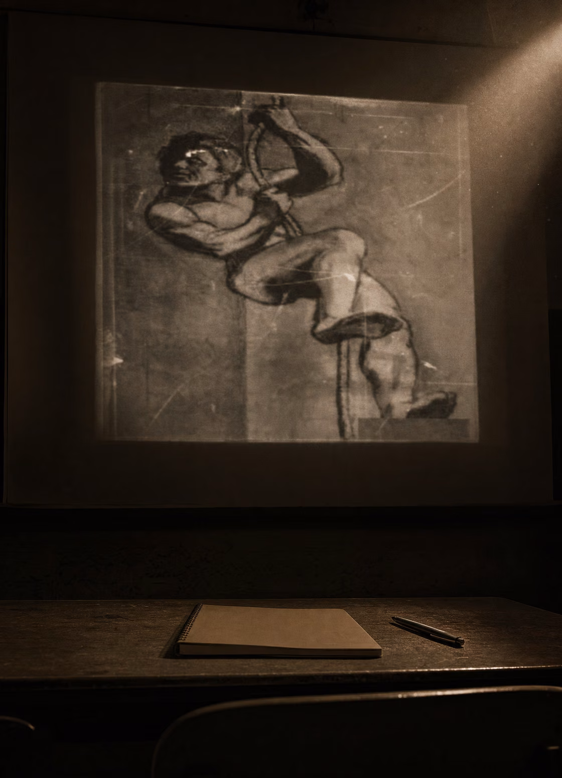 A hazy monochrome charcoal sketch of a figure climbing a rope, projected onto a screen in a darkened testing hall, with a blank answer booklet and pen on a desk below.