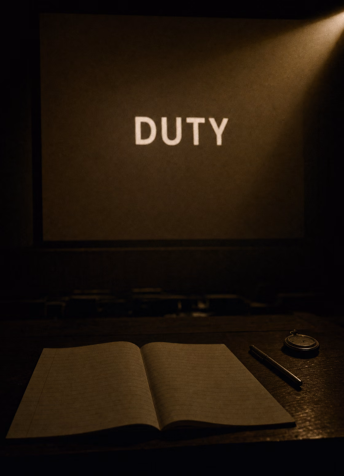 The word DUTY projected onto a screen in a darkened testing hall, with an open answer booklet, a pen and a stopwatch on a desk below.
